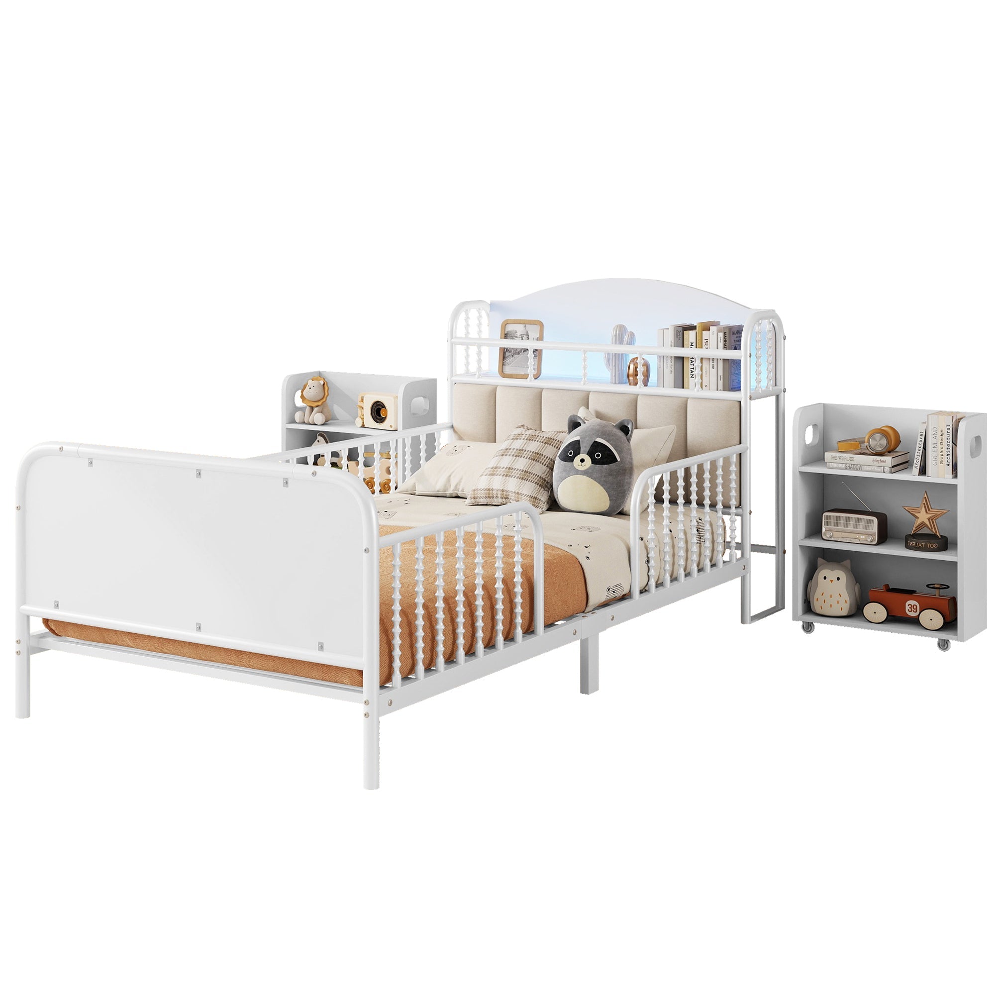 Twin Size Metal Platform Bed Frame with Light, Kids Twin Metal Bed with Upholstered and Pull Out Storage Shelves, White (Expect Arrival Date 2025/10/5)