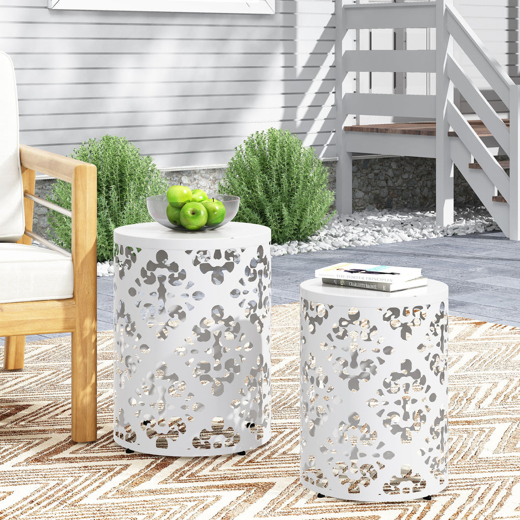 Modern Iron-Cut Design Metal End Table Set of 2 in White