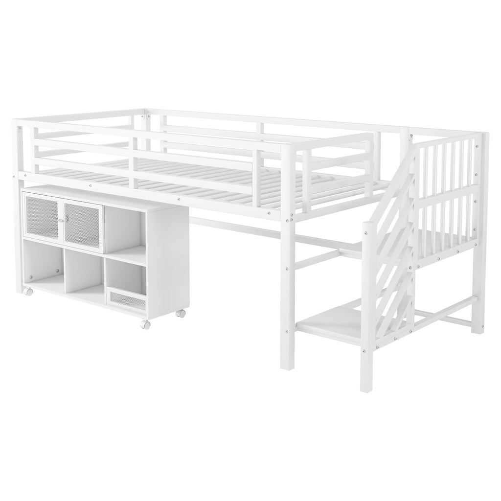 Twin Metal Loft Bed with Storage Cubby, Low Metal Loft Bed with Stairs for Kids, White, Expect Arrival Date 2025/11/10