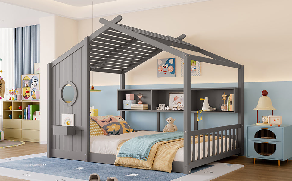 Full Size Floor House Bed for Toddler, Kids Montessori Bed  with Storage Shelf, Playhouse Bed with Roof Design, Gray