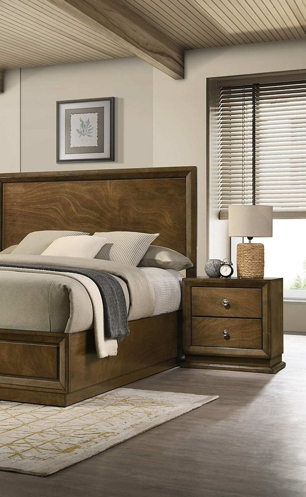 Walnut Color Transitional Style Queen Size Bed 2x Nightstands 3pc Set Bedroom Furniture Metal Knobs