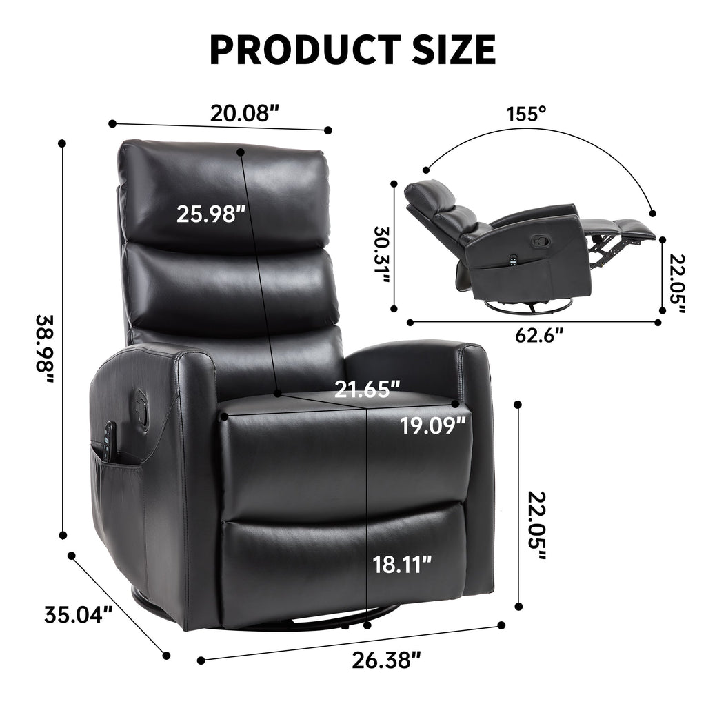 Heat Massage Manual Recliner Chair with Rocker and Swivel in Fabric for Living Room, Black
