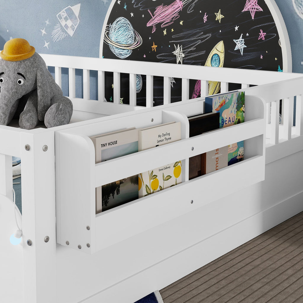 Full Montessori Floor Bed Frame with High Rails, Wood Kids Floor Beds with Light and Storage Shelf, White (Expect Arrival Date 2025/8/15)