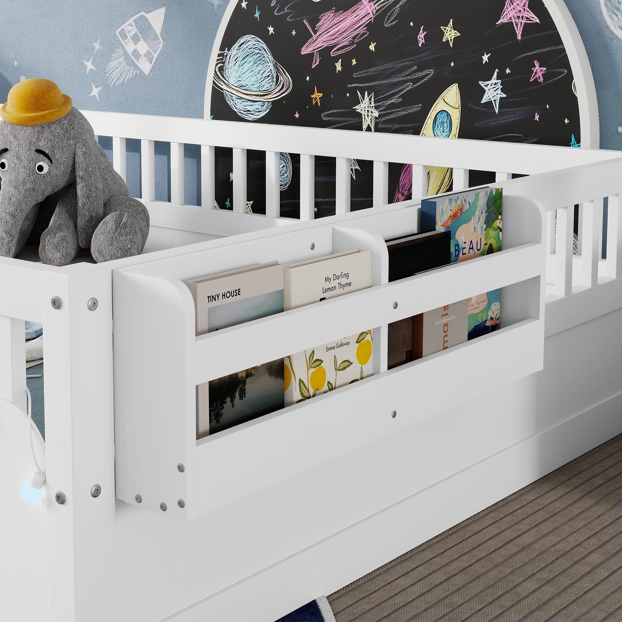 Full Montessori Floor Bed Frame with High Rails, Wood Kids Floor Beds with Light and Storage Shelf, White (Expect Arrival Date 2025/8/15)