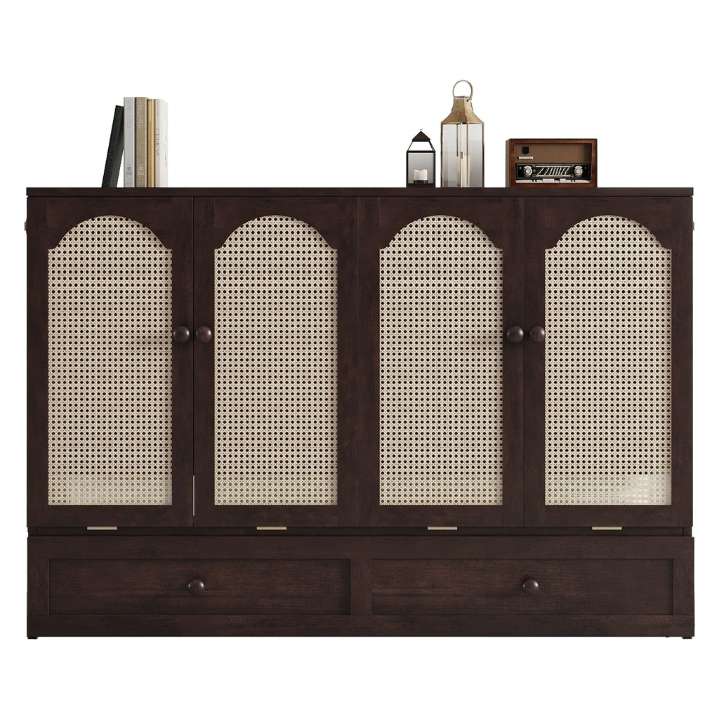 Queen Size Murphy Bed, Pine Wood Cabinet Bed with Power Station and Rattan Decoration Panel,Espresso