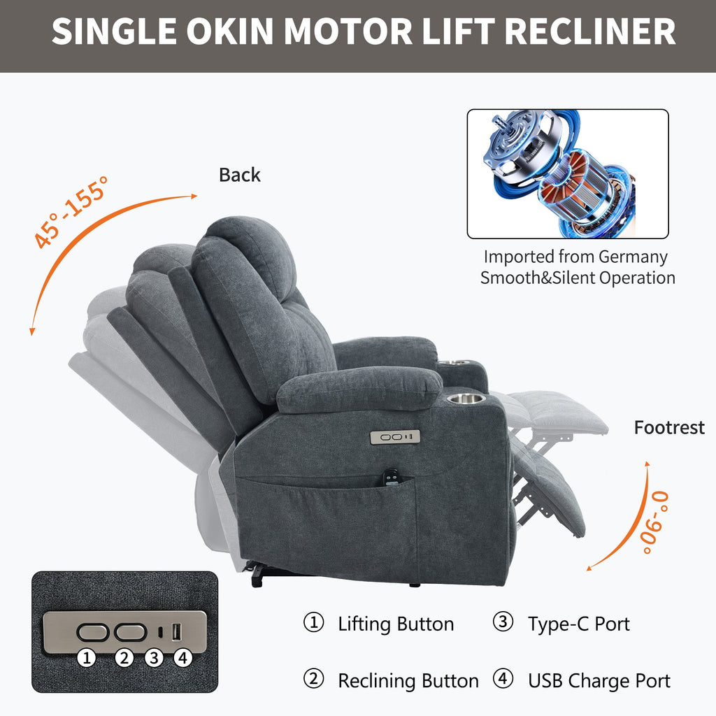 Up to 350 LBS polyester Power Lift Recliner Chair, Heavy Duty Motion Mechanism with 8-Point Vibration Massage and Lumbar Heating, USB and Type-C Ports, Stainless Steel Cup Holders, Grey