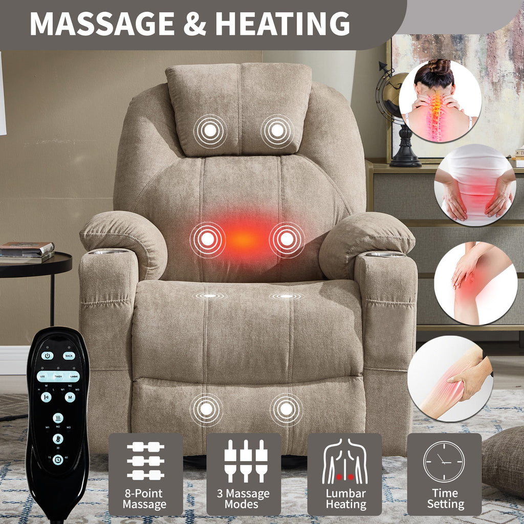 Up to 350 LBS polyester Power Lift Recliner Chair, Heavy Duty Motion Mechanism with 8-Point Vibration Massage and Lumbar Heating, USB and Type-C Ports, Stainless Steel Cup Holders, Khaki