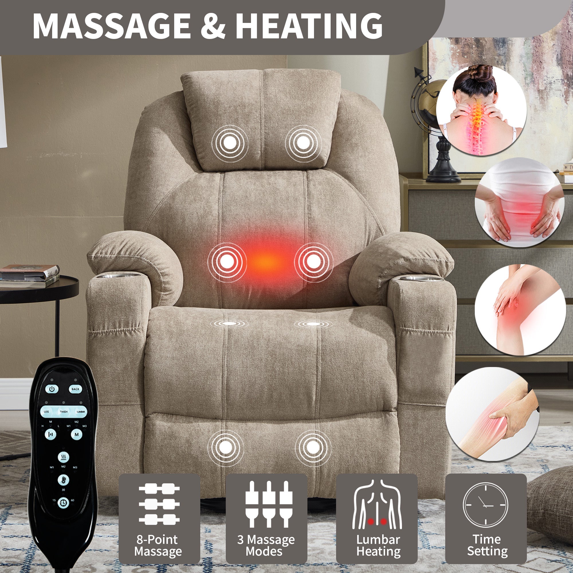 Up to 350 LBS polyester Power Lift Recliner Chair, Heavy Duty Motion Mechanism with 8-Point Vibration Massage and Lumbar Heating, USB and Type-C Ports, Stainless Steel Cup Holders, Khaki