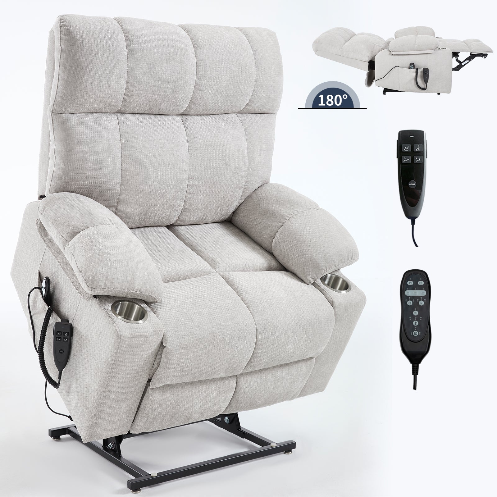 Beige Dual Motor Infinite Position Up to 350 LBS Chenille Power Lift Recliner Chair, Heavy Duty Motion Mechanism with 8-Point Vibration Massage and Lumbar Heating, Dual Cup Holders