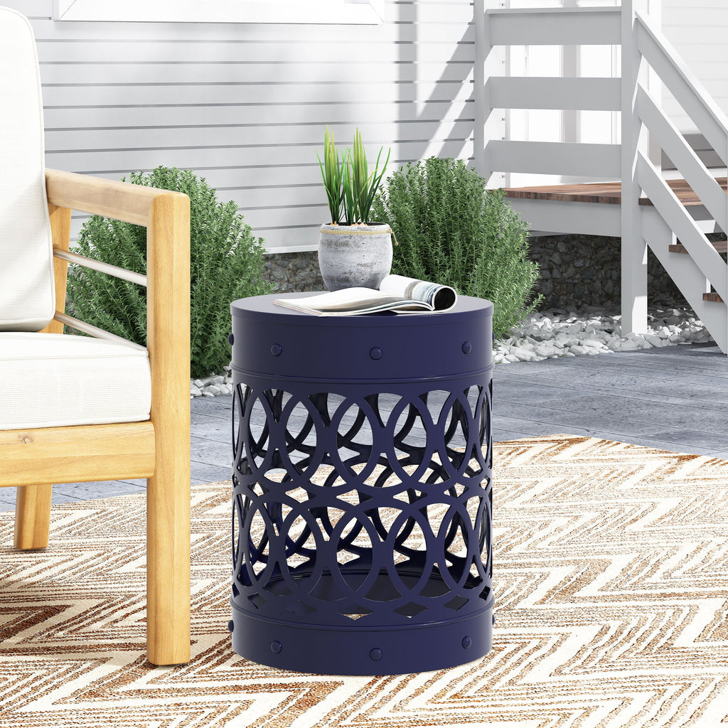 Contemporary Outdoor Metal End Table with Modern Design in Navy Blue Iron Material - Large Size