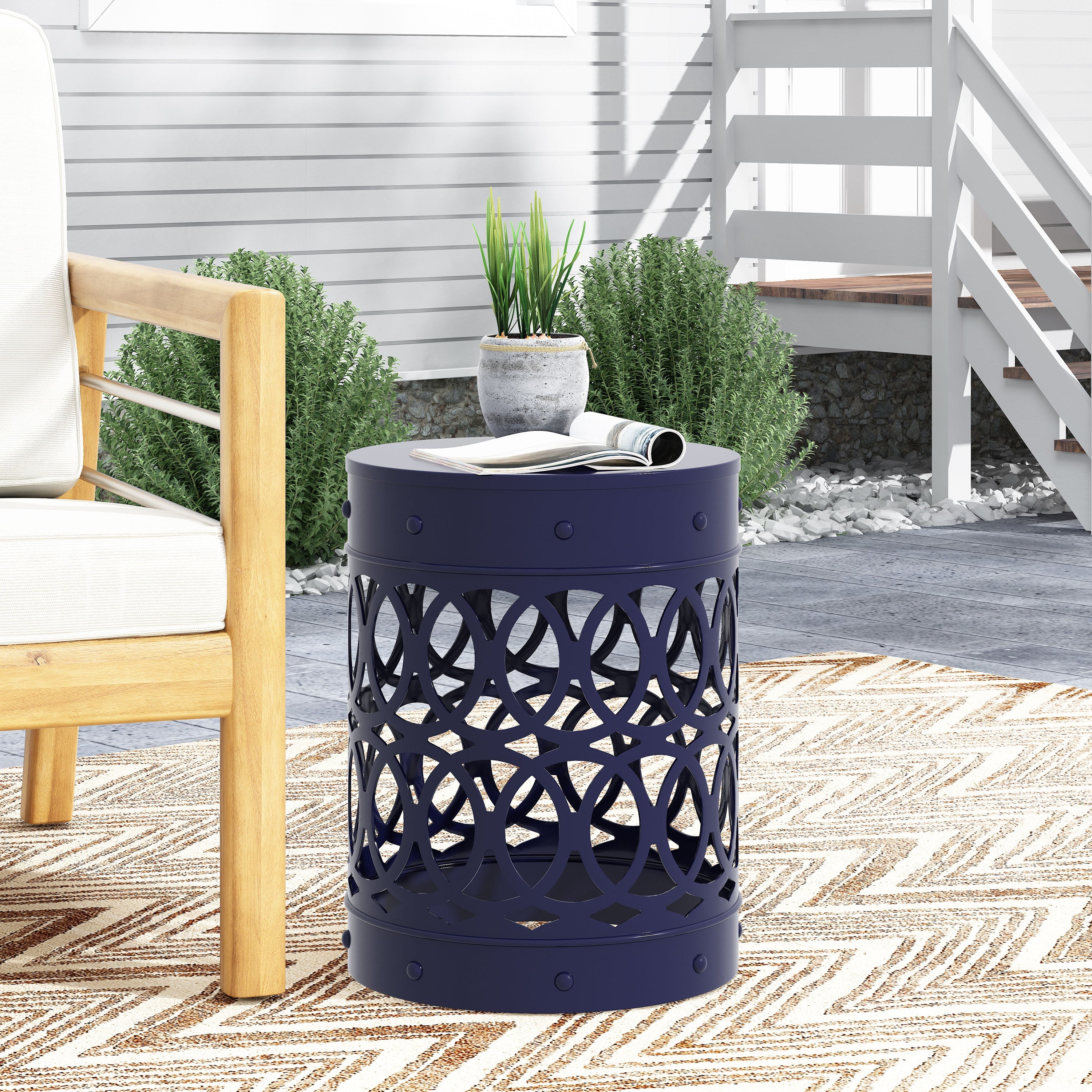 Contemporary Outdoor Metal End Table with Modern Design in Navy Blue Iron Material - Large Size