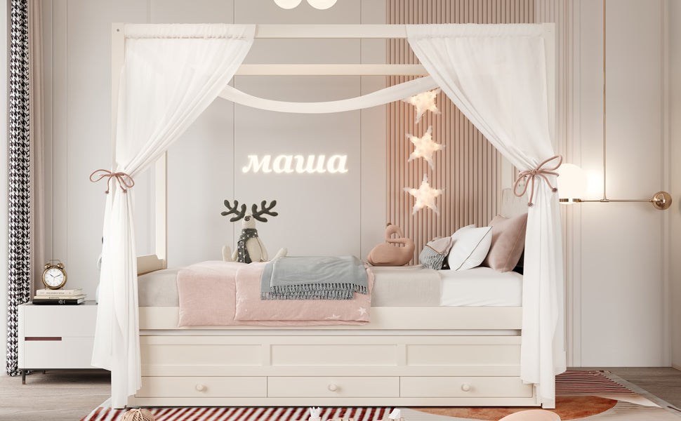 Twin Platform Bed with Upholstered Headboard,Twin Size Trundle and 3 Drawers,Princess Canopy Bed Frame for Kids,Storage & Easy Assembly,Beige