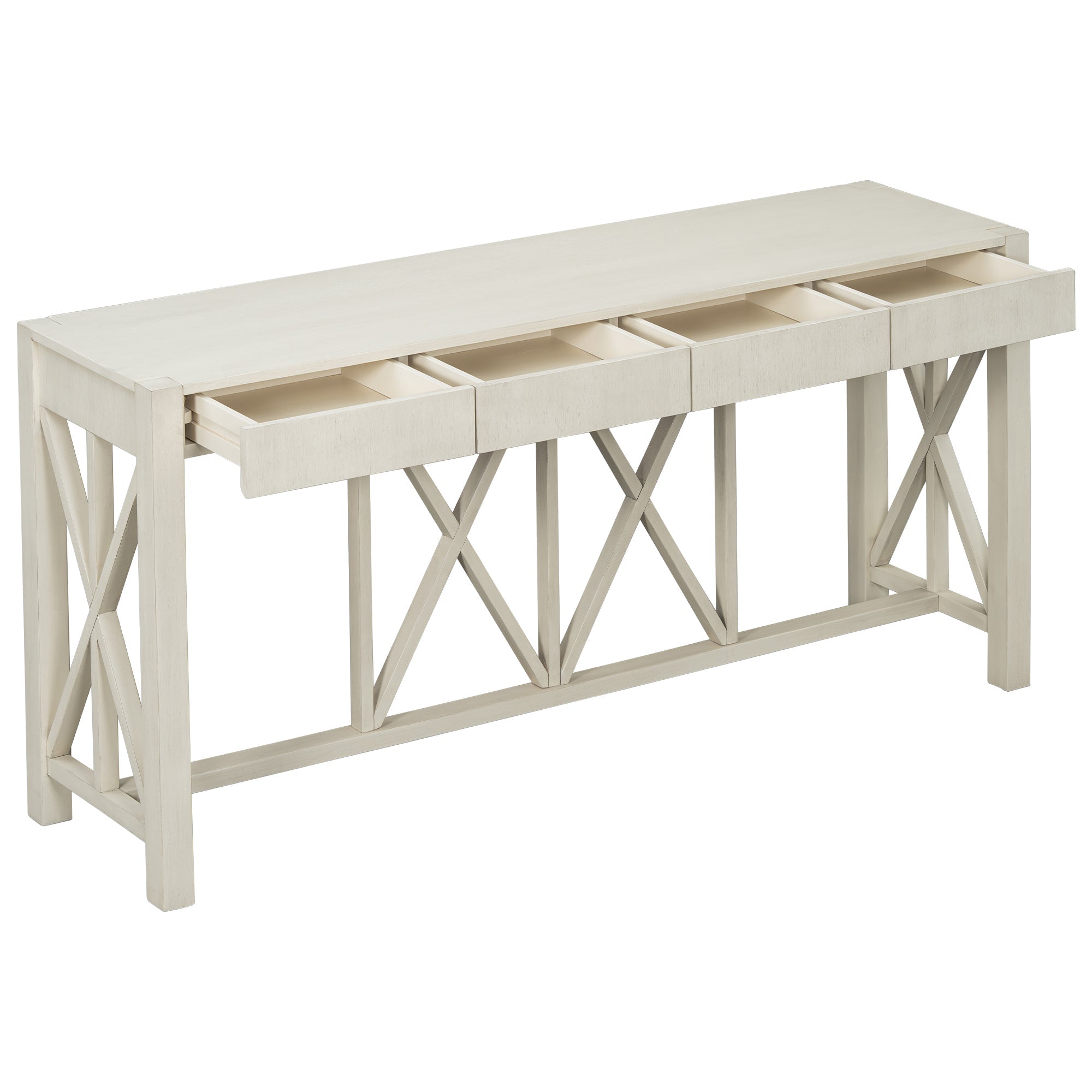 U_Style 60''Acacia Veneer Console Table with 4 Spacious Drawers, Modern Crisscross Design Entryway Table with Open Bottom Storage,Farmhouse Sofa Table for Living Room,Kitchen,Dining Room,Hallway