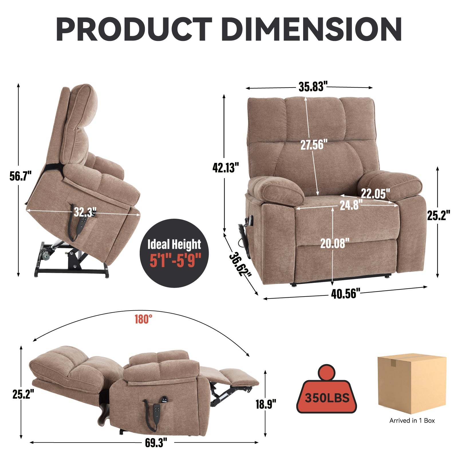 Brown Heat Massage Dual Motor Infinite Position Up to 350 LBS Large Electric Power Lift Recliners with Hidden Cup Holders, Power-Remote, Medium-firm and Heavy Duty
