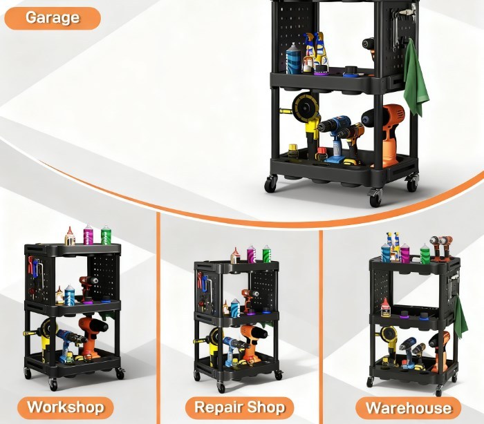 Rolling Tool Cart, Capacity Plastic Utility Cart,with Side Shelves,for Garage, Workshop