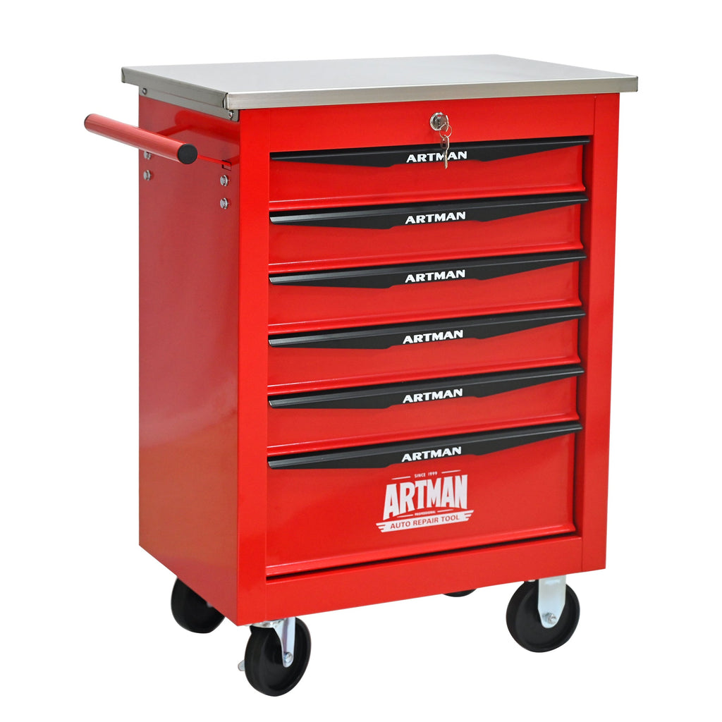 6 Drawers Multifunctional Tool Cart with Wheels,Metal Rolling Tool Cart Storage for Garage Workshop Warehouse Repair Shop--With Stainless Steel Roof- Red&Black