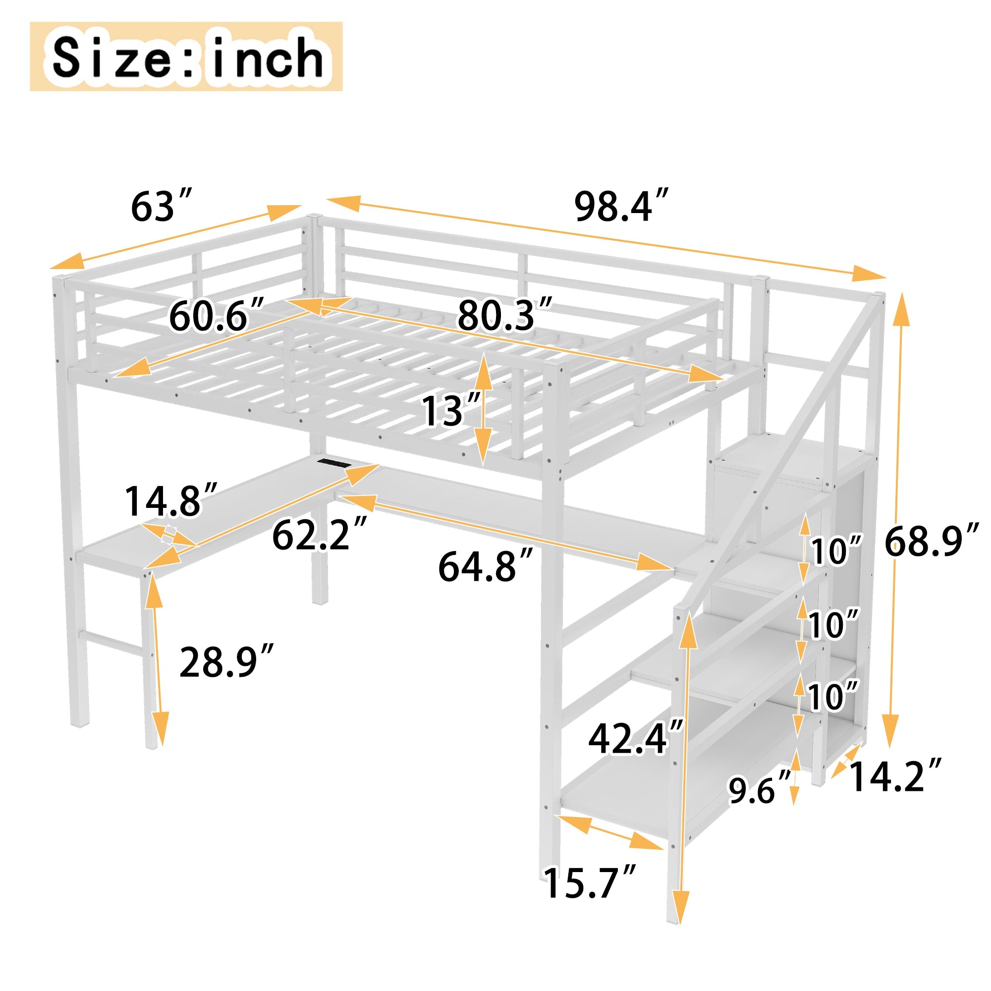 Queen Size Loft Bed with L-shaped Desk and USB, Metal Loft Bed with Wardrobe and Adjustable Shelf, High Loft Bed with LED for Kids Teens Adults, White