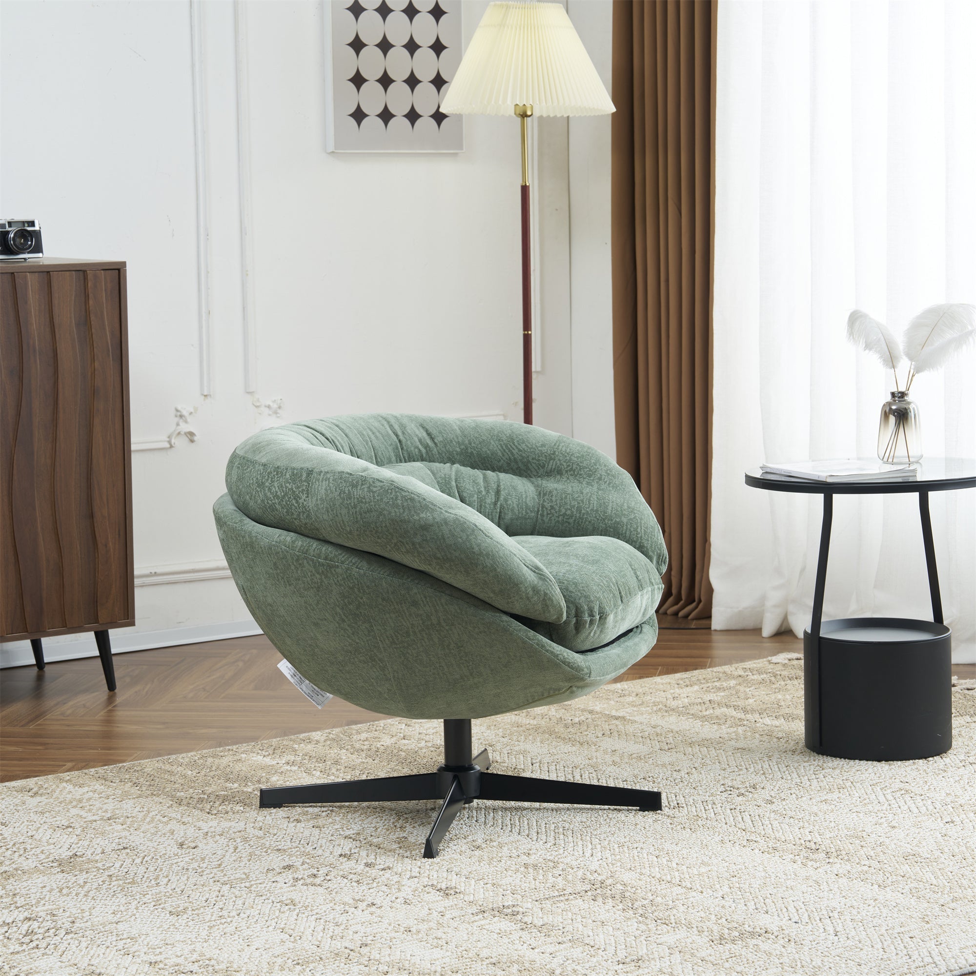 Modern Chenille Office Chair, 360° Swivel Club Chair/Accent Chair with Removable Cushion, Round Office Chair, Black Metal Base, Cotton Material, Living Room, Bedroom, Reading Corner, Office (Green)