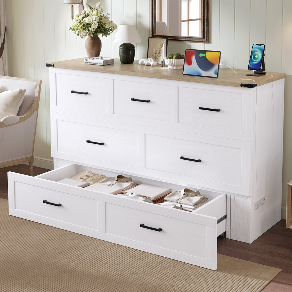 Murphy Bed Cabinet Queen Size with Charging Station, Multi-Functional Foldable Platform Bed with 1 Large Storage Drawer for Guest Room, Small Bedroom, White