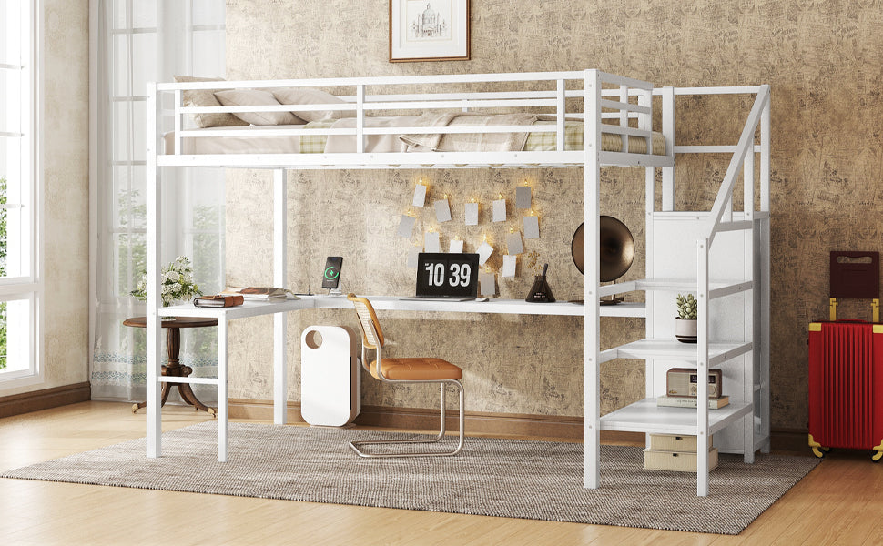 Full Size Loft Bed with L-shaped Desk and USB, Metal Loft Bed with Wardrobe and Adjustable Shelf, High Loft Bed with LED for Kids Teens Adults, White