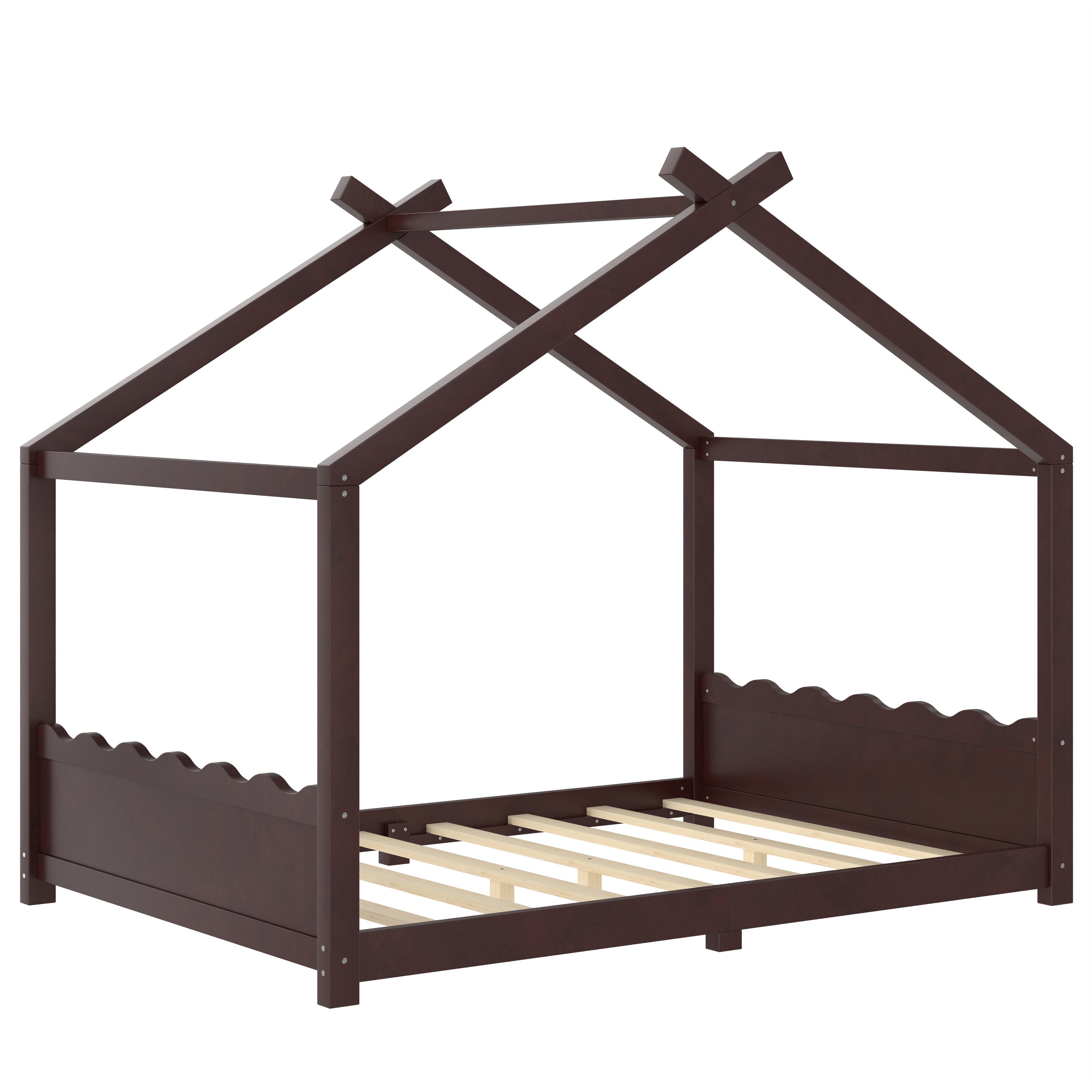 Full House Floor Bed with Support Slats, Solid Wood House Bed Frame for Kids, No Box Spring Needed and Opening Constructure, Espresso