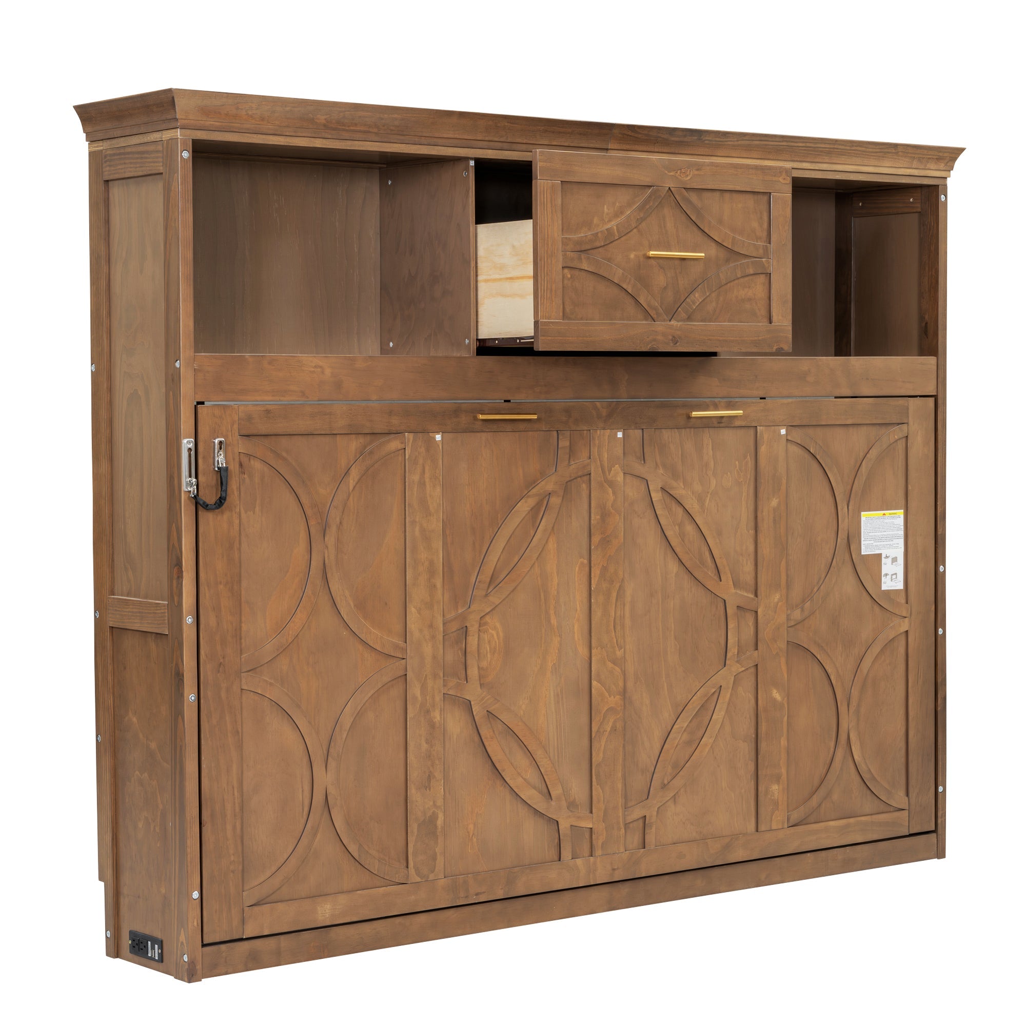 Twin Size Murphy Bed with Charging Station and Drawer in Wood Color, Solid Pine Wood + MDF