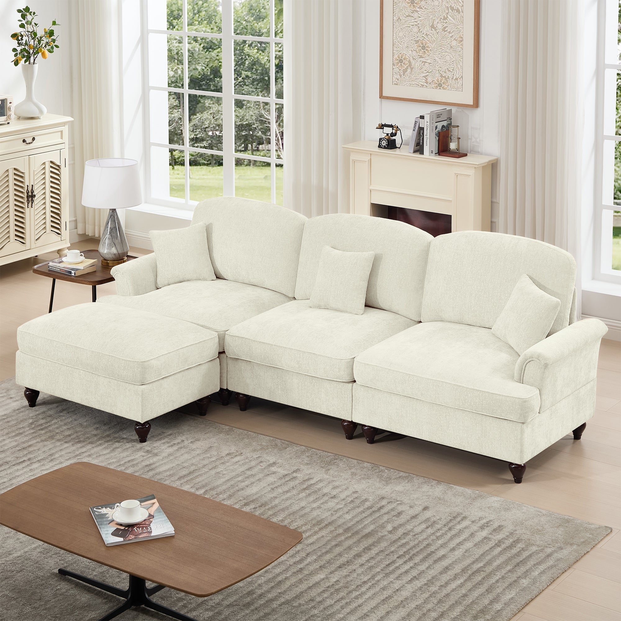 Mid Century Three Seater Modular L Shaped Sectional Couch with Flared Arms and Removable Ruffles Pleats Skirts and Spindle Legs, Comfy Chenille 3-Seat Deep Seat Sofa with Movable Ottoman, Beige White