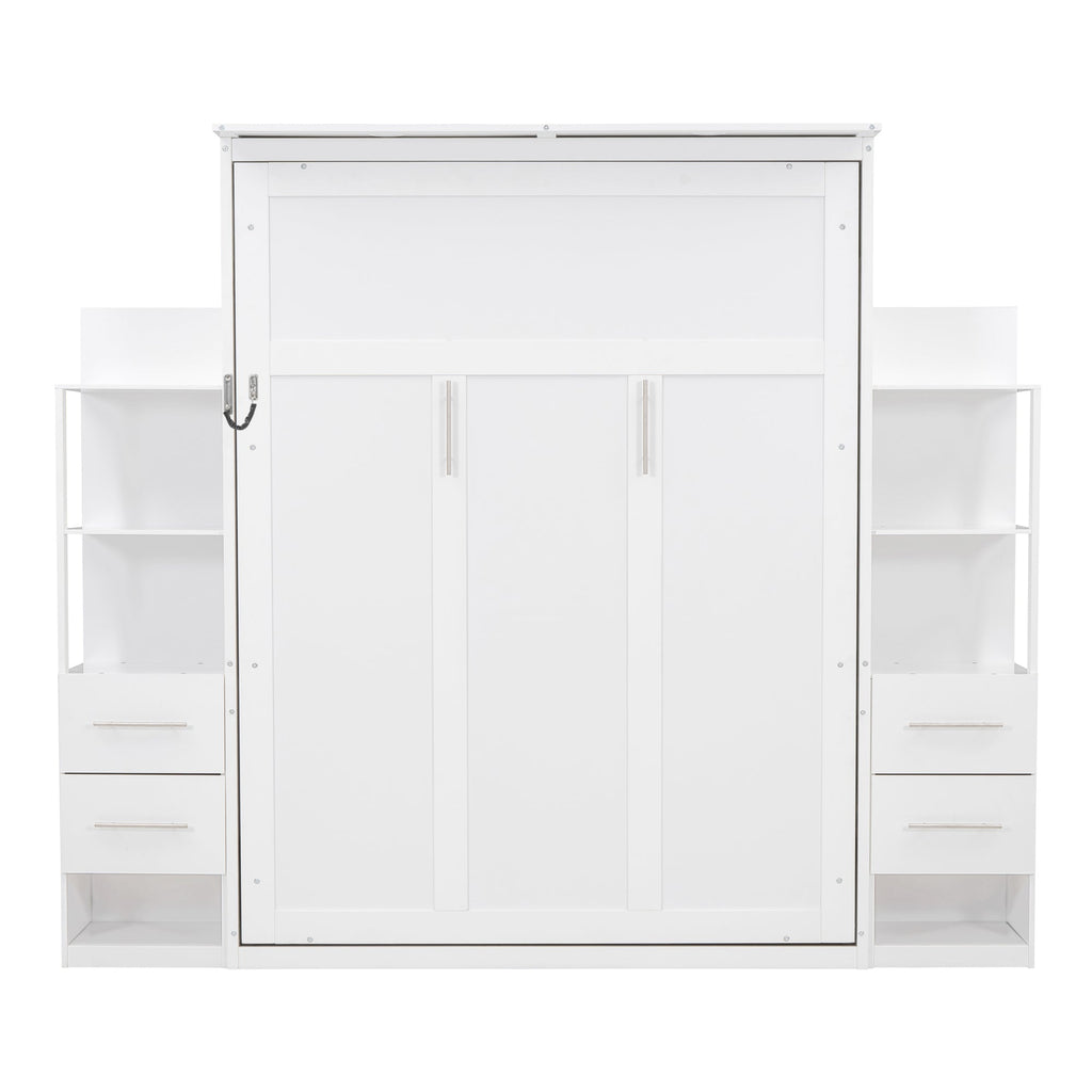 Queen Size Murphy Bed Wall Bed with Shelves, Drawers and LED Lights,White(OLD SKU:LP000566AAK-1)