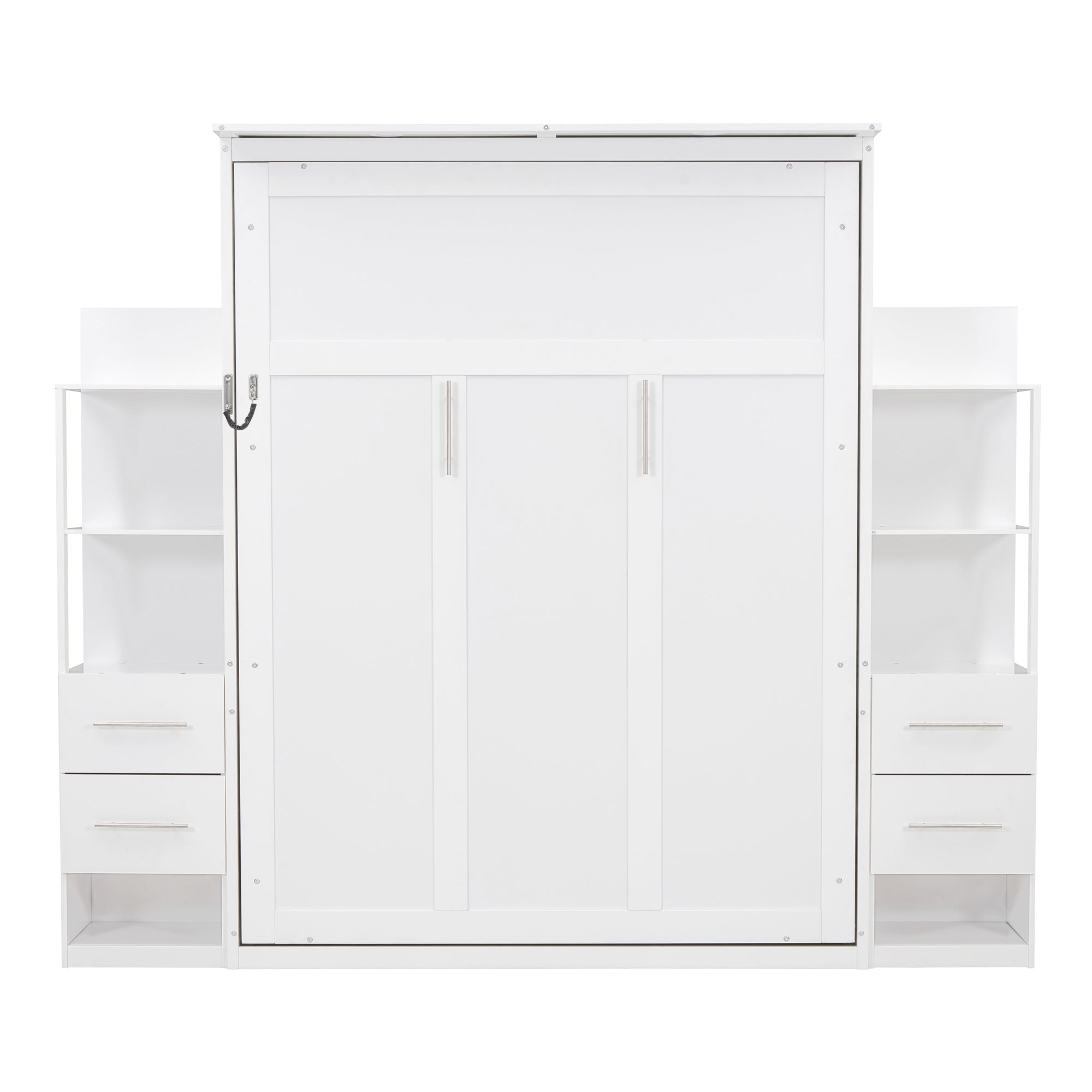Queen Size Murphy Bed Wall Bed with Shelves, Drawers and LED Lights,White(OLD SKU:LP000566AAK-1)