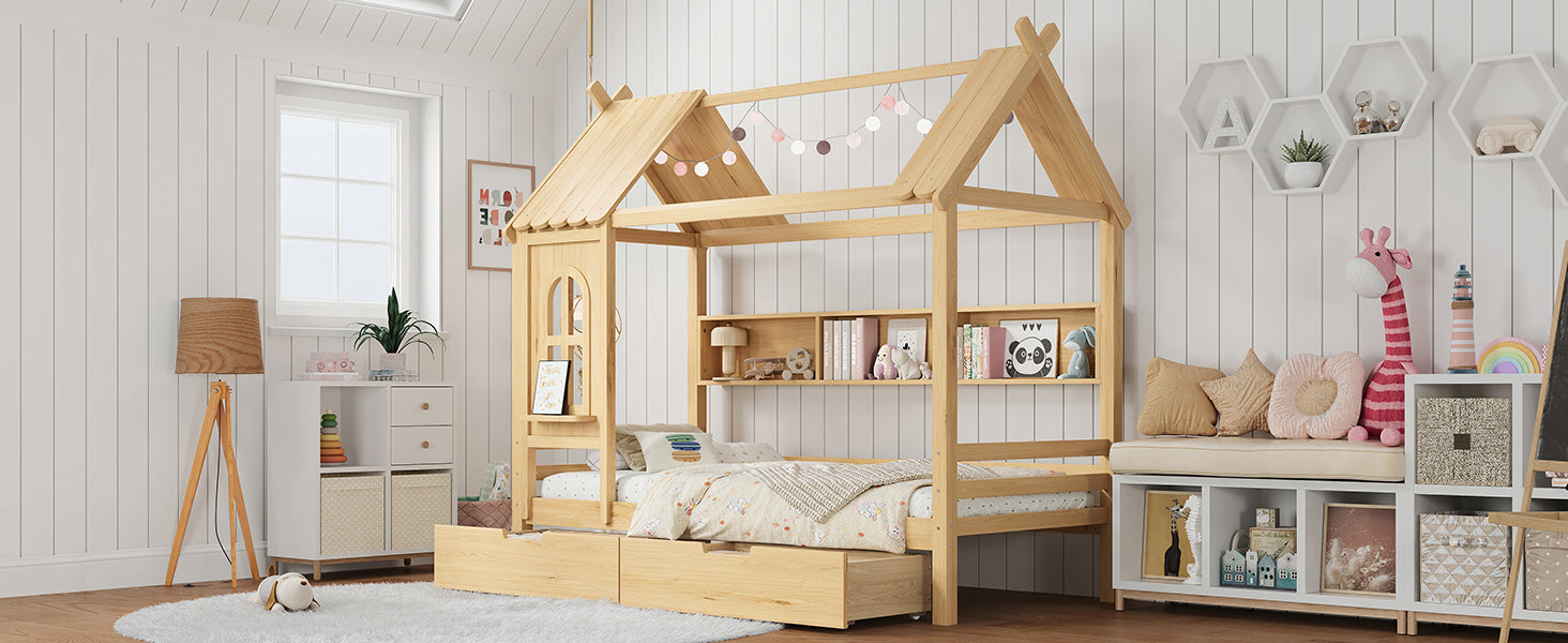 Twin house Beds with Storage Drawers and Window, Solid Wood House Platform Bed Frame with shelves, for Kids, Girls, Boys, No Spring Box Needed and Childlike Design, Natural