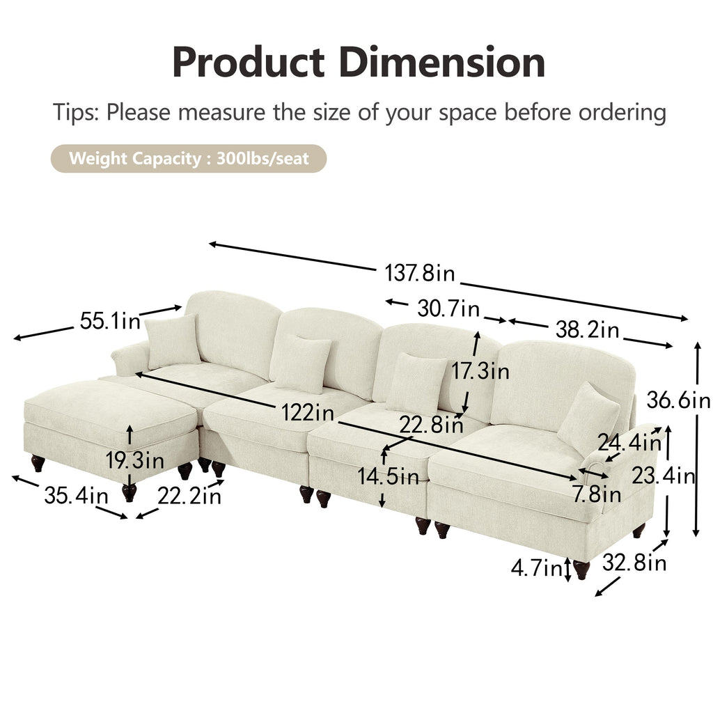 Classic Three Seater Modular L Shaped Sectional Couch with Flared Arms and Removable Ruffles Pleats Skirts and Spindle Legs, Comfy Chenille Four-Seat Deep Seat Sofa with Movable Ottoman, Beige White
