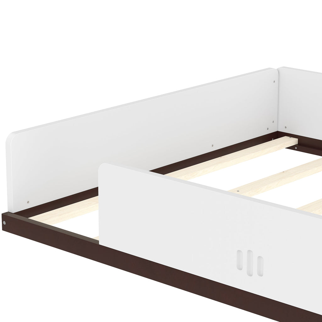Full Size Floor Bed with Interesting Car-shape Design, Kids Car Floor Bed with Storage Drawers, Window, and Desk, Childlike Design, White