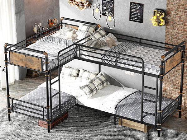 Quad Bunk Bed for 4 Kids, Heavy Duty Metal Twin Bunk Bed Frame, Detachable Triple Bunk Bed, Can Be Divided Into 3 Twin Beds, Black (Old SKU W2580S00015)