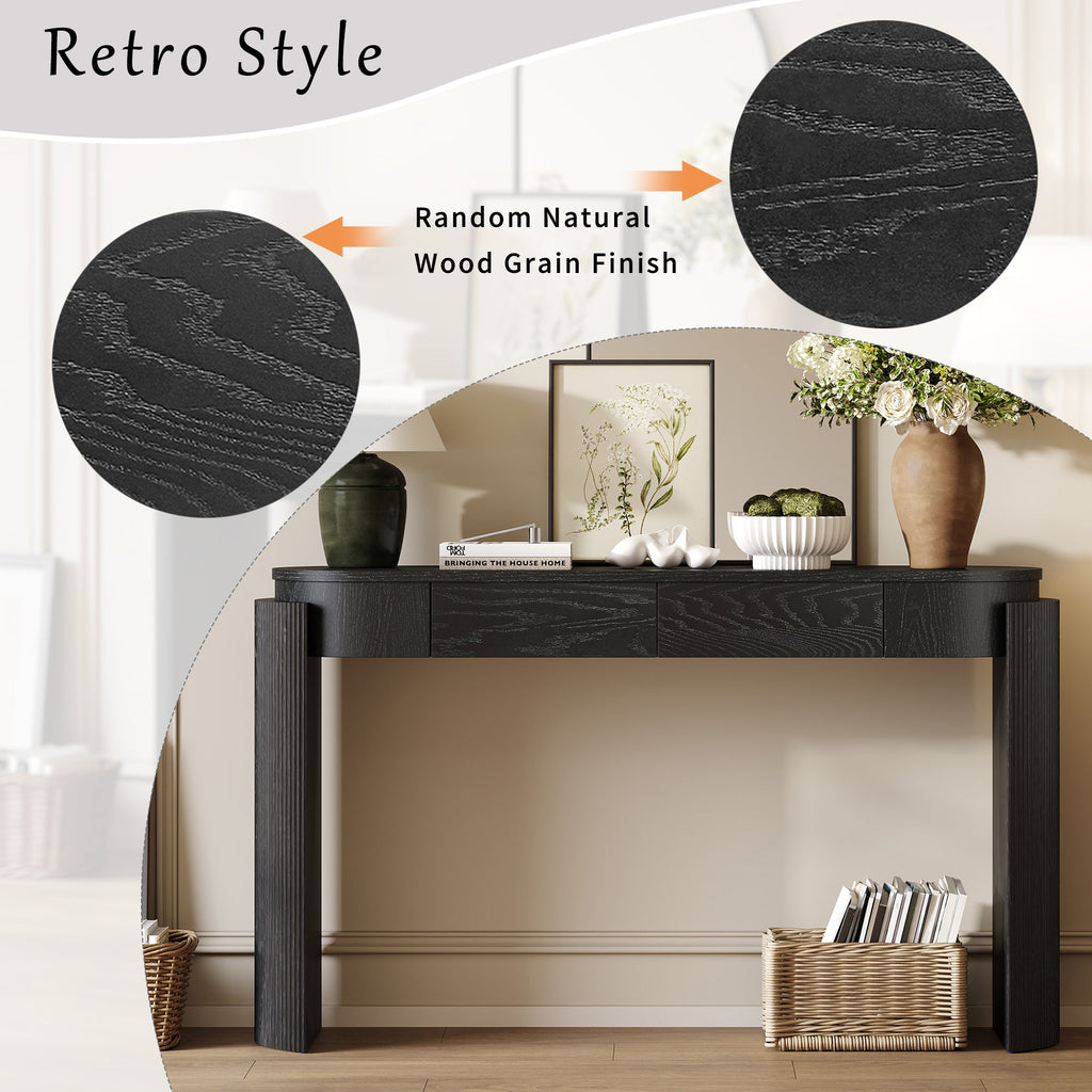 TREXM Entryway Table with Natural Wood Grain Finish, Console Table with Fluted Design, Oval Top and 2 Drawers for Entryway and Living Room (Black)