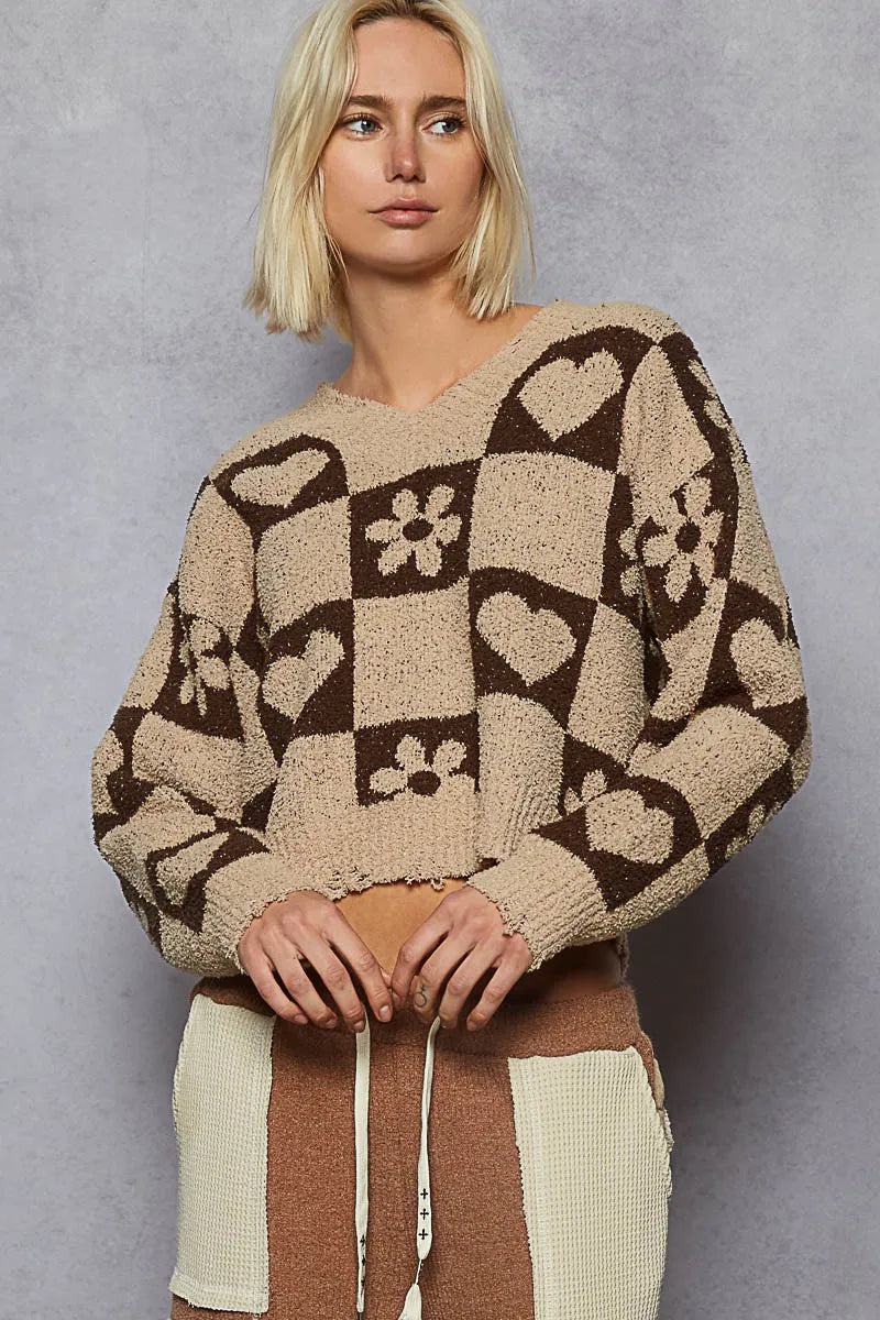 POL V-Neck Heart Pattern Checkered Sweater