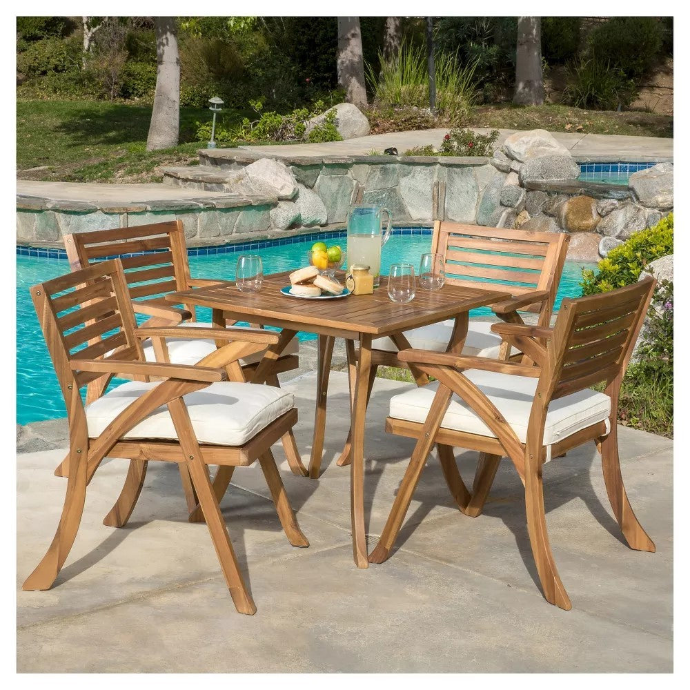 Outdoor Hermosa 5 Piece Wood Dining Set With Cushions, Teak Finish With Beige Cushion