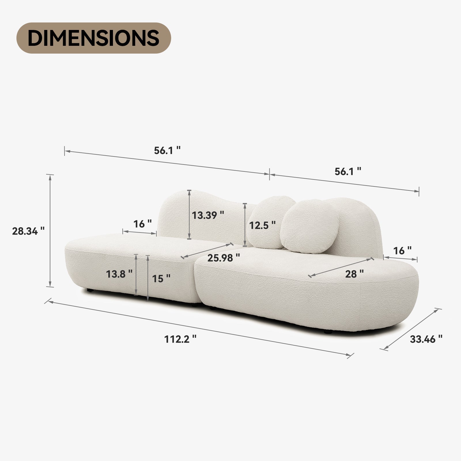 Modern Curved Modular Sofa, Suitable for Living Rooms and Bedrooms With Boucle 3-Seat Sofa, White Color, Curved Backrest, 2 Pillows, Easy to Assemble