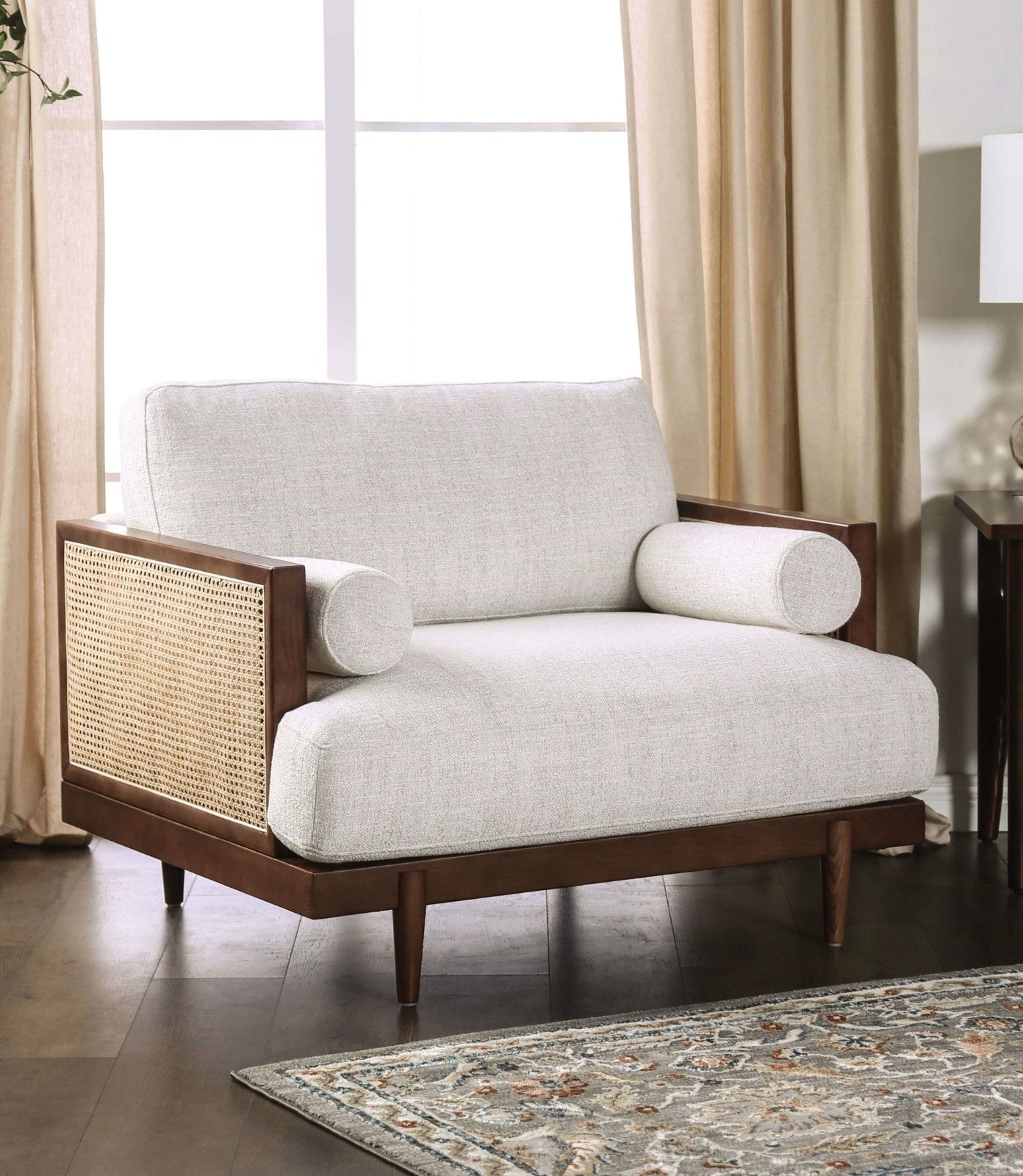 Beige And Walnut Finish Beautiful Chair Tapered Legs Loose Pillow Back Ash Wood Trim Side Bolster Pillows Mid-Century Modern