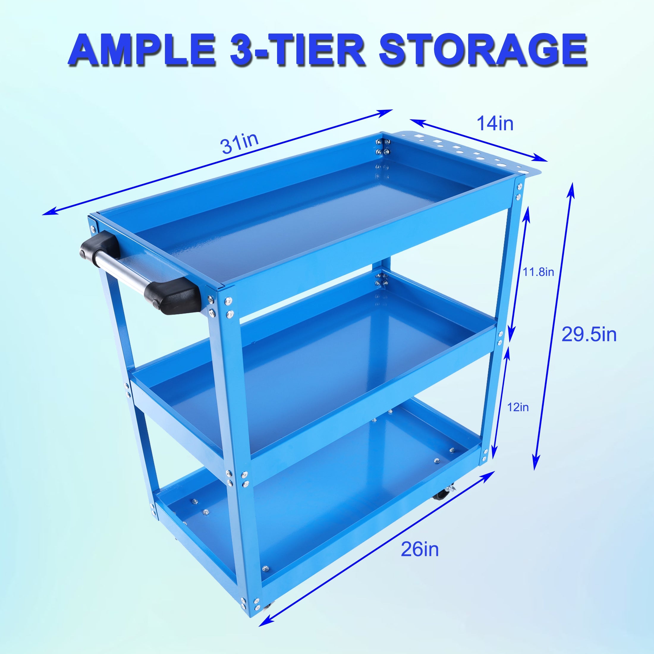 Tool Cart on Wheels, 3 Tier Rolling Mechanic Tool Cart, Heavy Duty Steel Utility Cart w/Lockable Wheels, 450 LBS Capacity Industrial Service Cart for Garage, Warehouse, Workshop (blue)