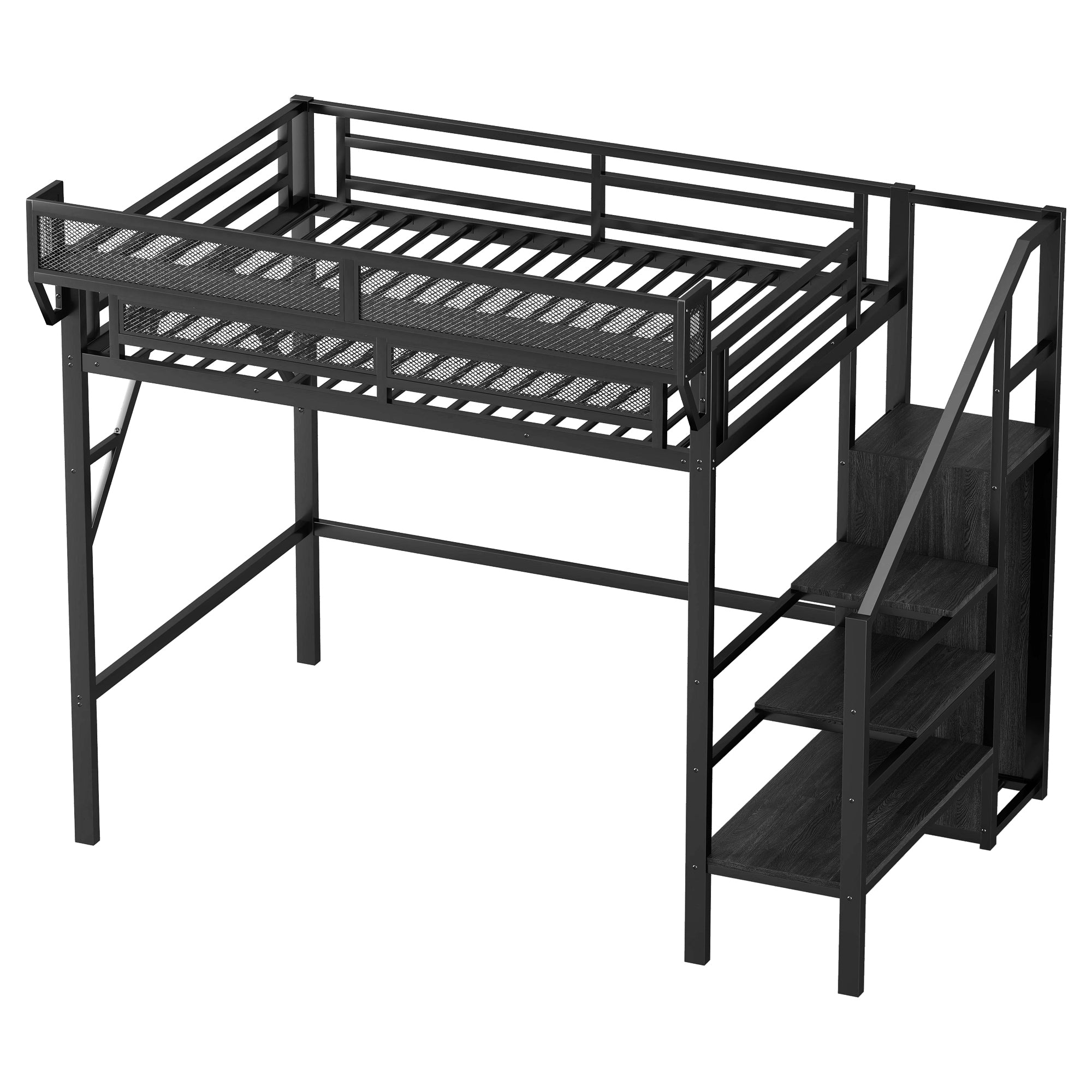 Twin XL Size Loft Bed with Stairs, Metal Full Loft Bed with Storage Shelves, High Loft Bed with Wardrobe for Kids Teens, Black(Expect Arrival Date 2025/10/14)