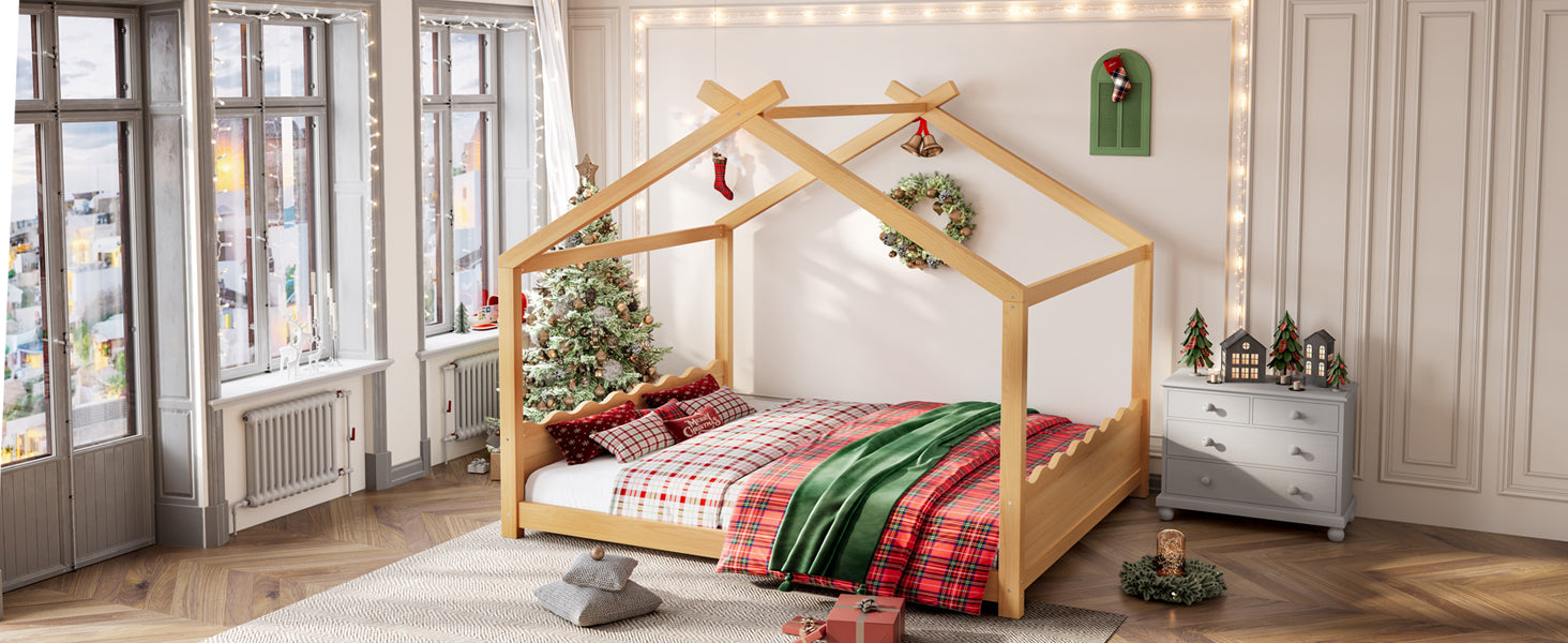 Queen House Floor Bed with Support Slats, Solid Wood House Bed Frame for Kids, No Box Spring Needed and Opening Constructure, Natural