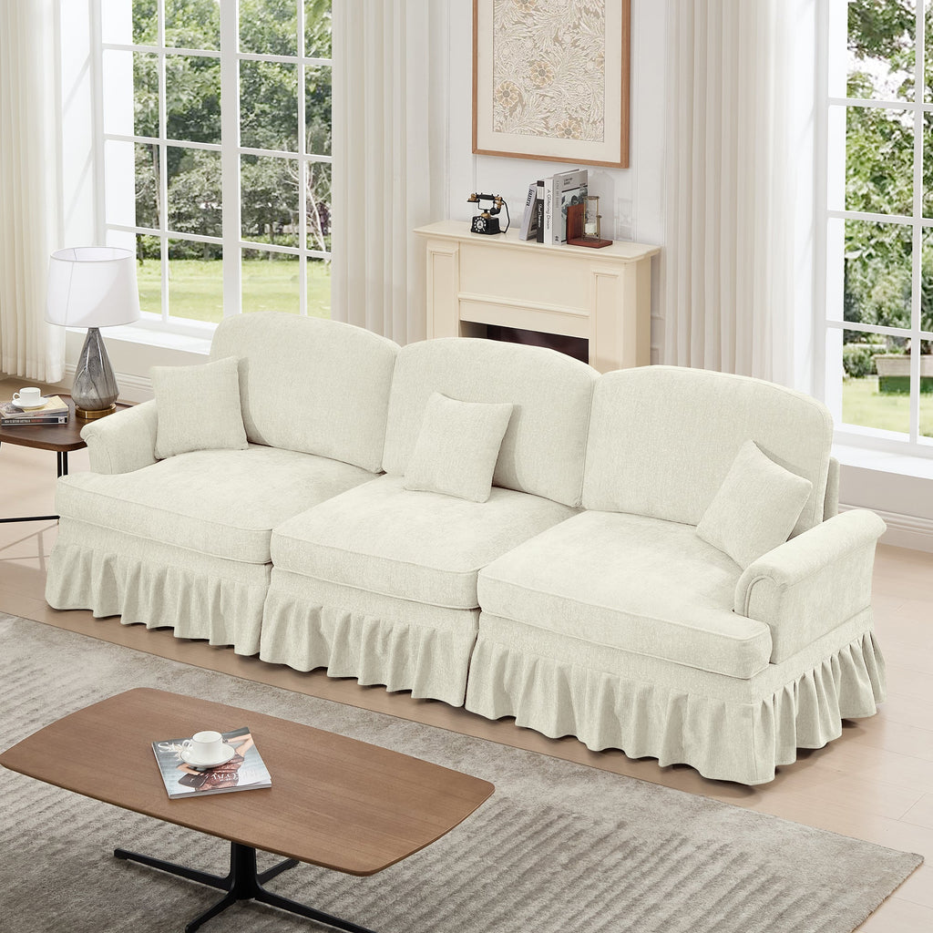 Elegant Mid Century Large 3 Seater Sofa Couch with Flared Arms and Removable Ruffles Pleats Skirts and Spindle Legs, Comfy Chenille Three-Seat Sofa for Living Room, Beige White