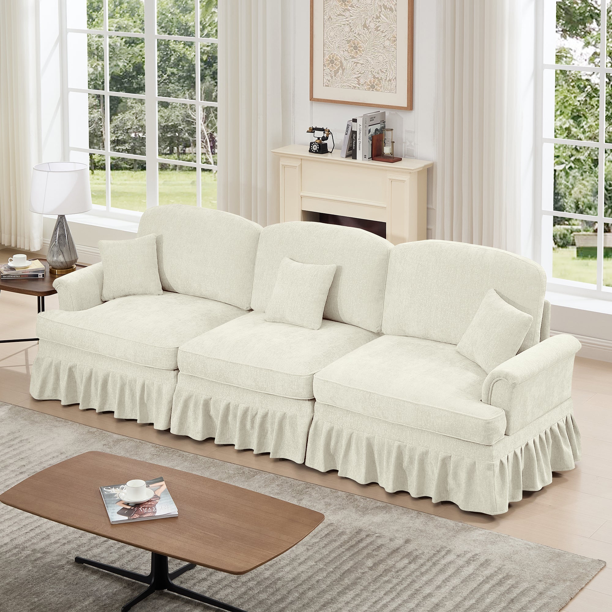 Elegant Mid Century Large 3 Seater Sofa Couch with Flared Arms and Removable Ruffles Pleats Skirts and Spindle Legs, Comfy Chenille Three-Seat Sofa for Living Room, Beige White