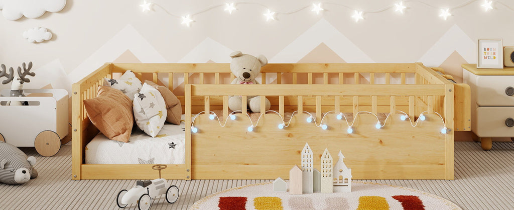 Twin Montessori Floor Bed Frame with High Rails, Wood Kids Floor Beds with Light and Storage Shelf, Natural (Expect Arrival Date 2025/8/15)