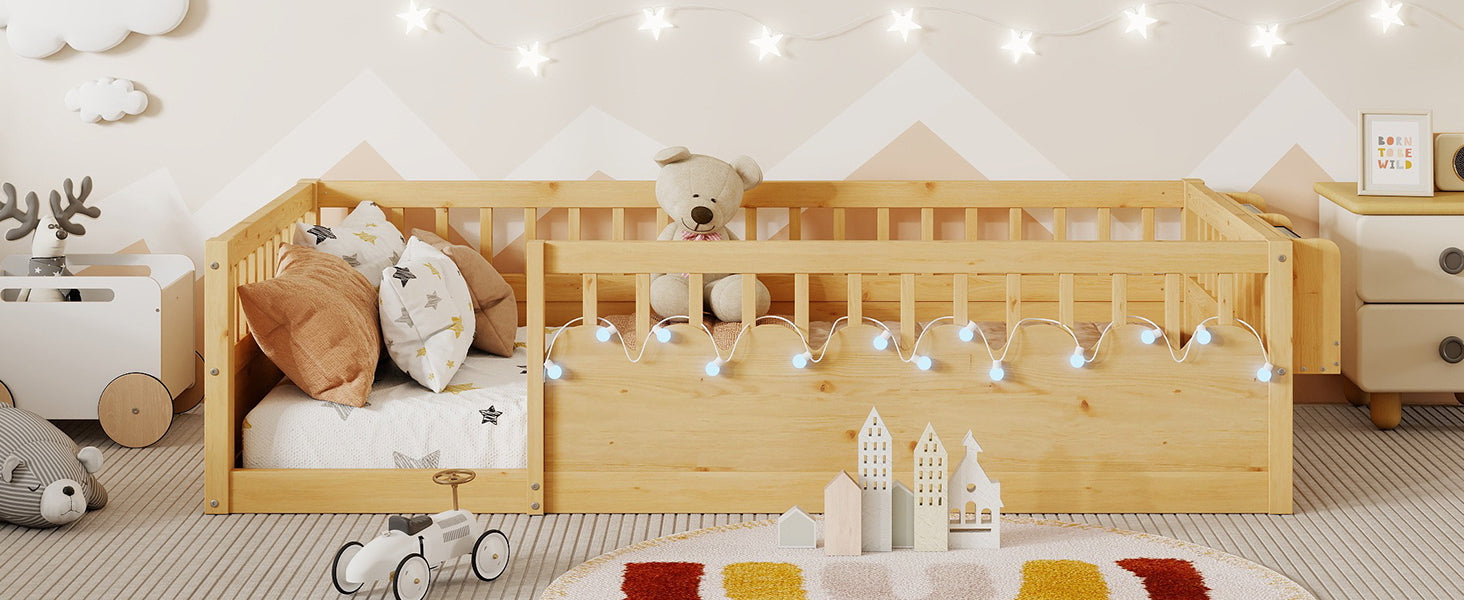 Twin Montessori Floor Bed Frame with High Rails, Wood Kids Floor Beds with Light and Storage Shelf, Natural (Expect Arrival Date 2025/8/15)