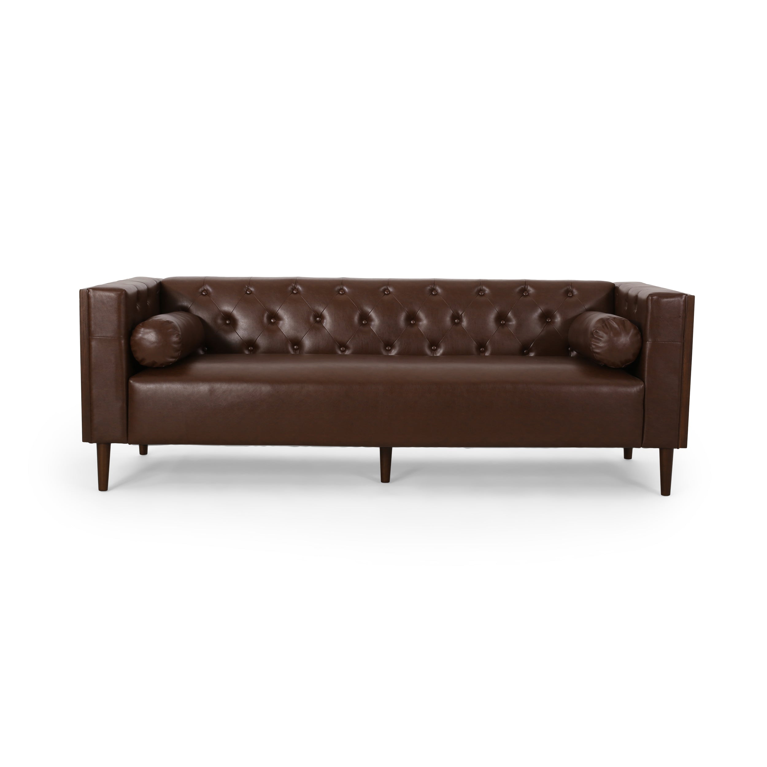 Contemporary 3-Seater Sofa with Tufted Diamond Stitch and Rolled Accent Pillows in Dark Brown PU