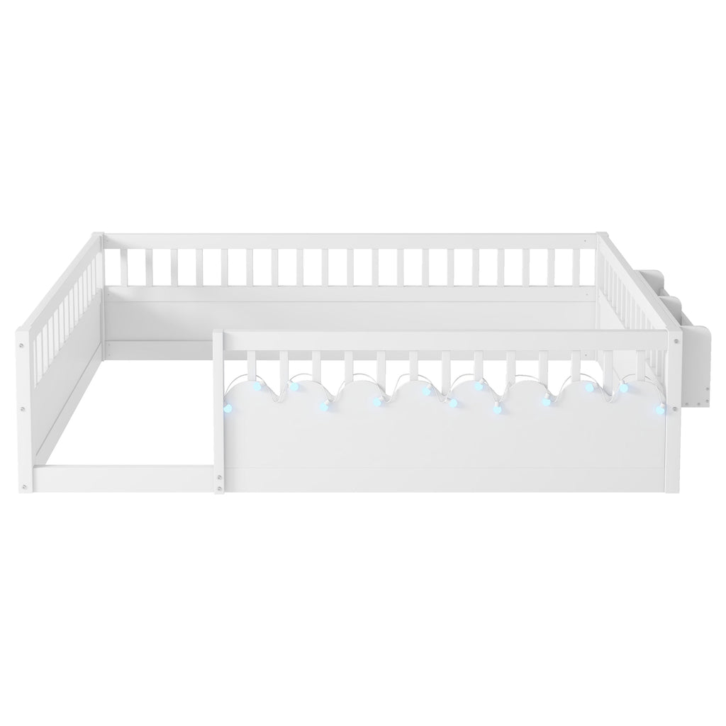 Full Montessori Floor Bed Frame with High Rails, Wood Kids Floor Beds with Light and Storage Shelf, White (Expect Arrival Date 2025/8/15)