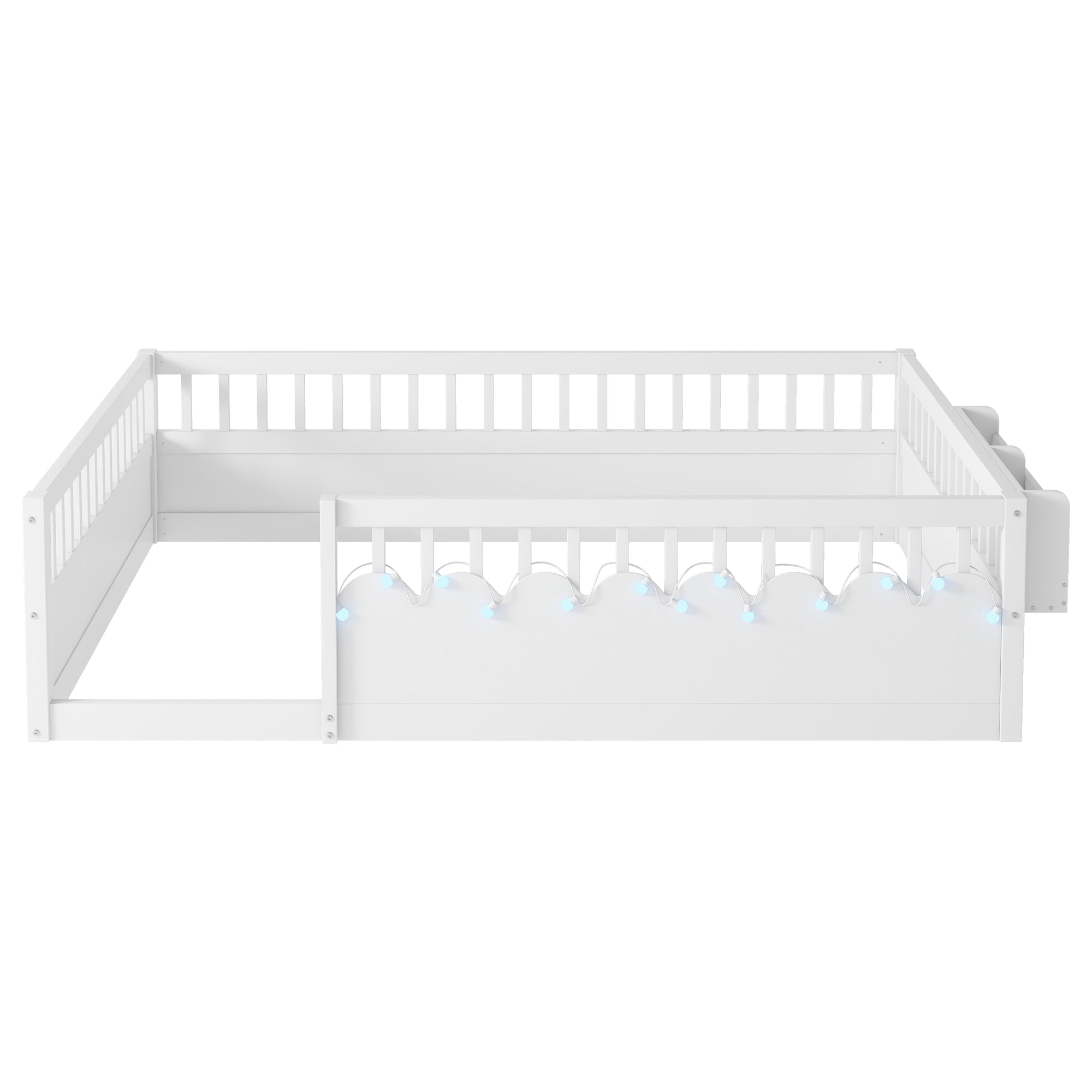 Full Montessori Floor Bed Frame with High Rails, Wood Kids Floor Beds with Light and Storage Shelf, White (Expect Arrival Date 2025/8/15)