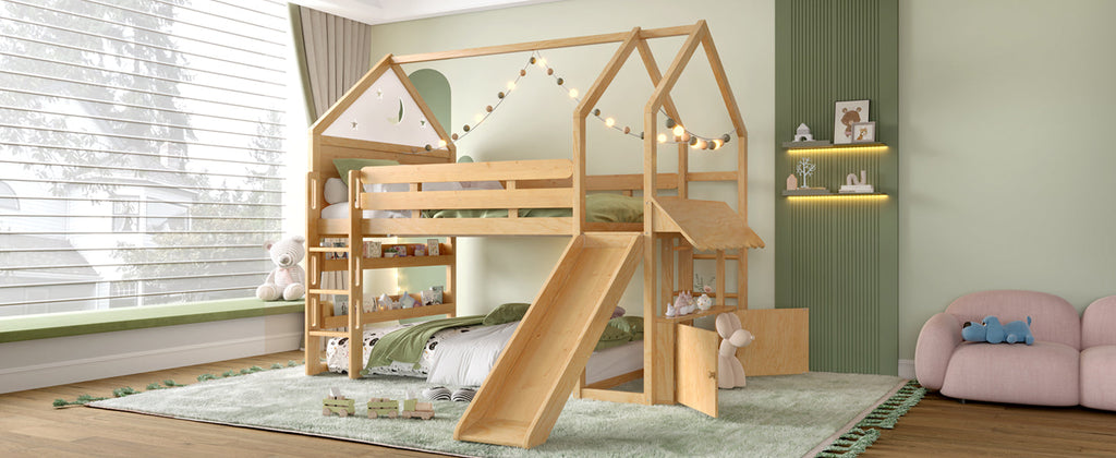 Full Size Loft Bed with Bookshelf Playful Design for Kids House-Shaped Structure with Slide High-Quality Safety Rails,Natural
