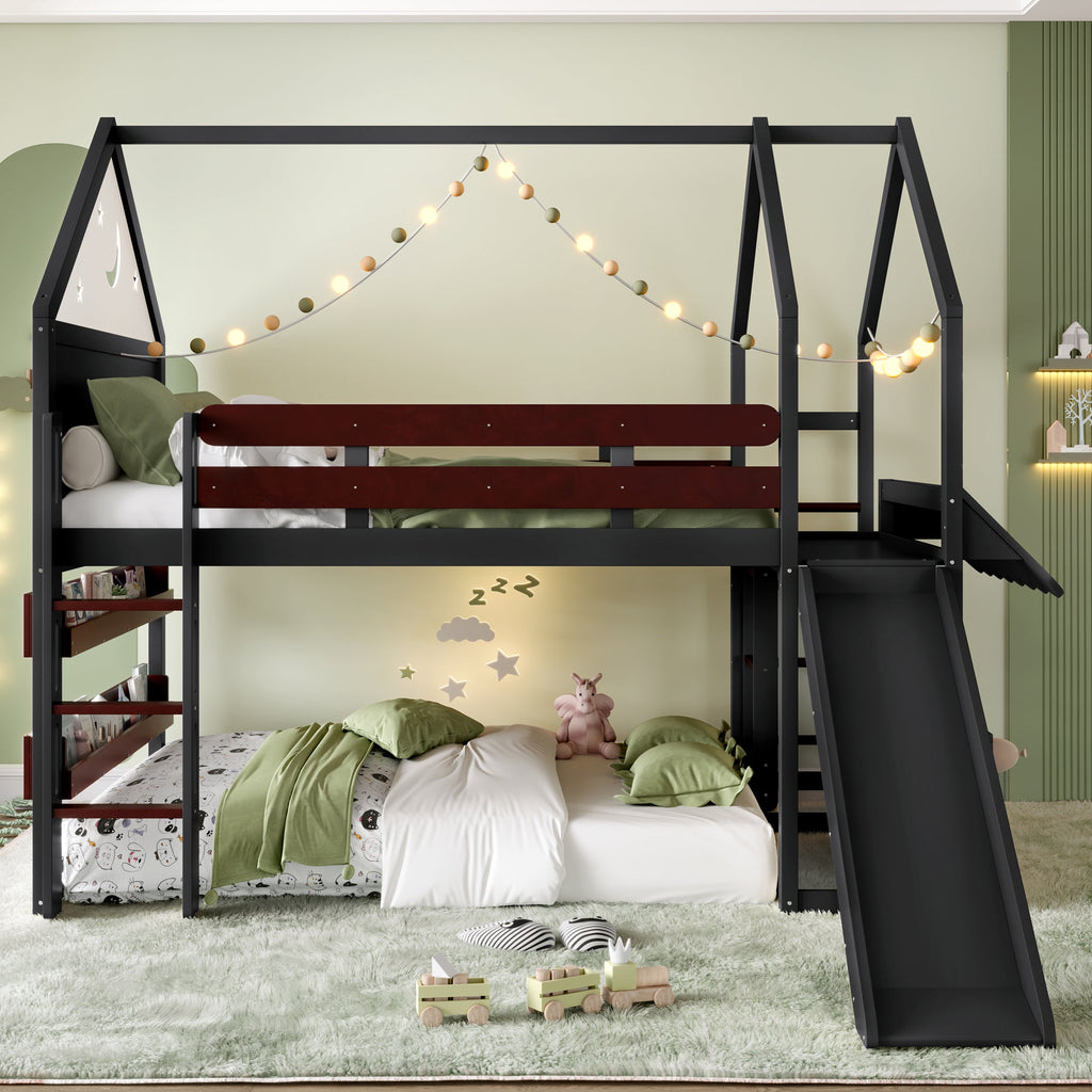 Full Size Loft Bed with Bookshelf Playful Design for Kids House-Shaped Structure with Slide High-Quality Safety Rails,Black.